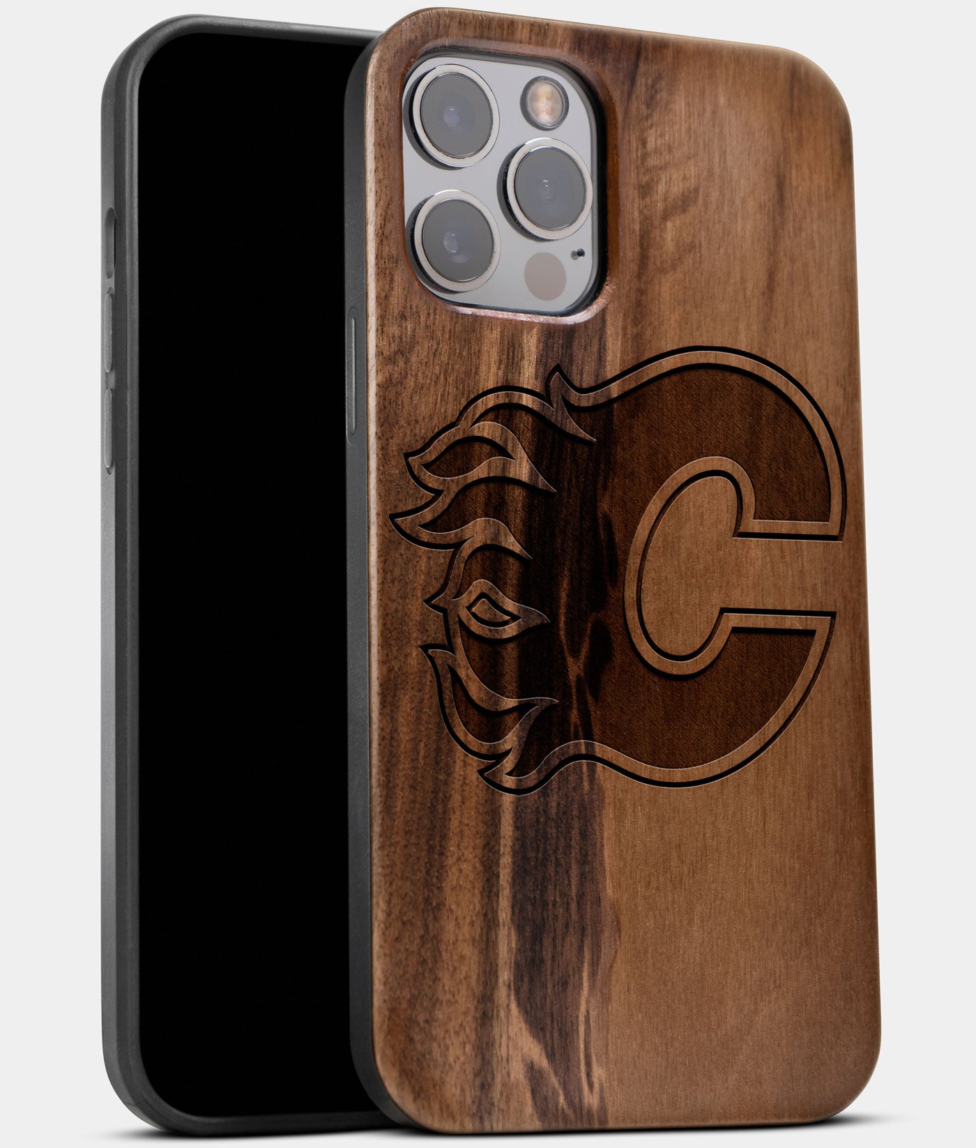 Best Wood Calgary Flames iPhone 13 Pro Max Case | Custom Calgary Flames Gift | Walnut Wood Cover - Engraved In Nature