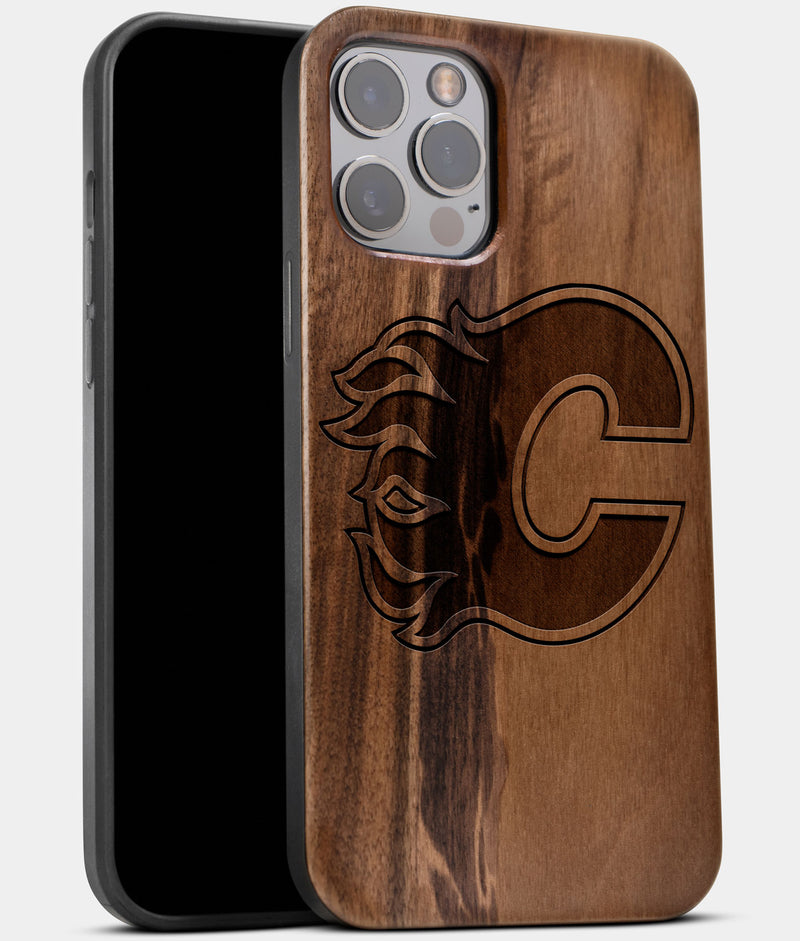 Best Wood Calgary Flames iPhone 13 Pro Max Case | Custom Calgary Flames Gift | Walnut Wood Cover - Engraved In Nature