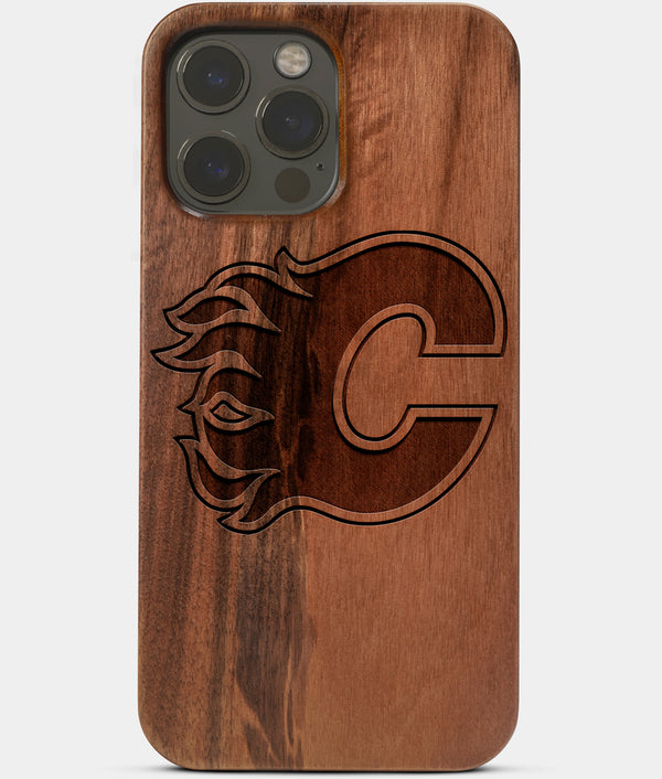 Carved Wood Calgary Flames iPhone 13 Pro Max Case | Custom Calgary Flames Gift, Birthday Gift | Personalized Mahogany Wood Cover, Gifts For Him, Monogrammed Gift For Fan | by Engraved In Nature