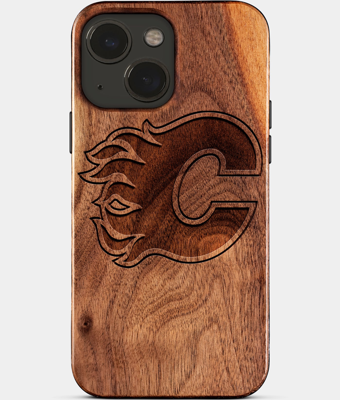 Eco-friendly Calgary Flames iPhone 15 Plus Case - Carved Wood Custom Calgary Flames Gift For Him - Monogrammed Personalized iPhone 15 Plus Cover By Engraved In Nature