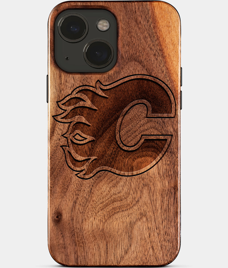 Eco-friendly Calgary Flames iPhone 15 Plus Case - Carved Wood Custom Calgary Flames Gift For Him - Monogrammed Personalized iPhone 15 Plus Cover By Engraved In Nature
