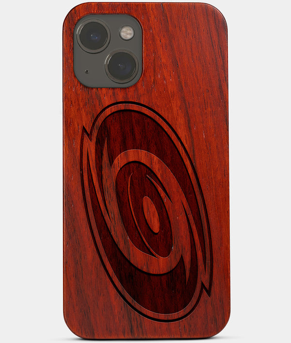 Carved Wood Carolina Hurricanes iPhone 13 Case | Custom Carolina Hurricanes Gift, Birthday Gift | Personalized Mahogany Wood Cover, Gifts For Him, Monogrammed Gift For Fan | by Engraved In Nature