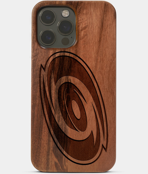Carved Wood Carolina Hurricanes iPhone 13 Pro Case | Custom Carolina Hurricanes Gift, Birthday Gift | Personalized Mahogany Wood Cover, Gifts For Him, Monogrammed Gift For Fan | by Engraved In Nature