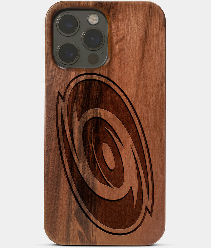 Carved Wood Carolina Hurricanes iPhone 13 Pro Max Case | Custom Carolina Hurricanes Gift, Birthday Gift | Personalized Mahogany Wood Cover, Gifts For Him, Monogrammed Gift For Fan | by Engraved In Nature