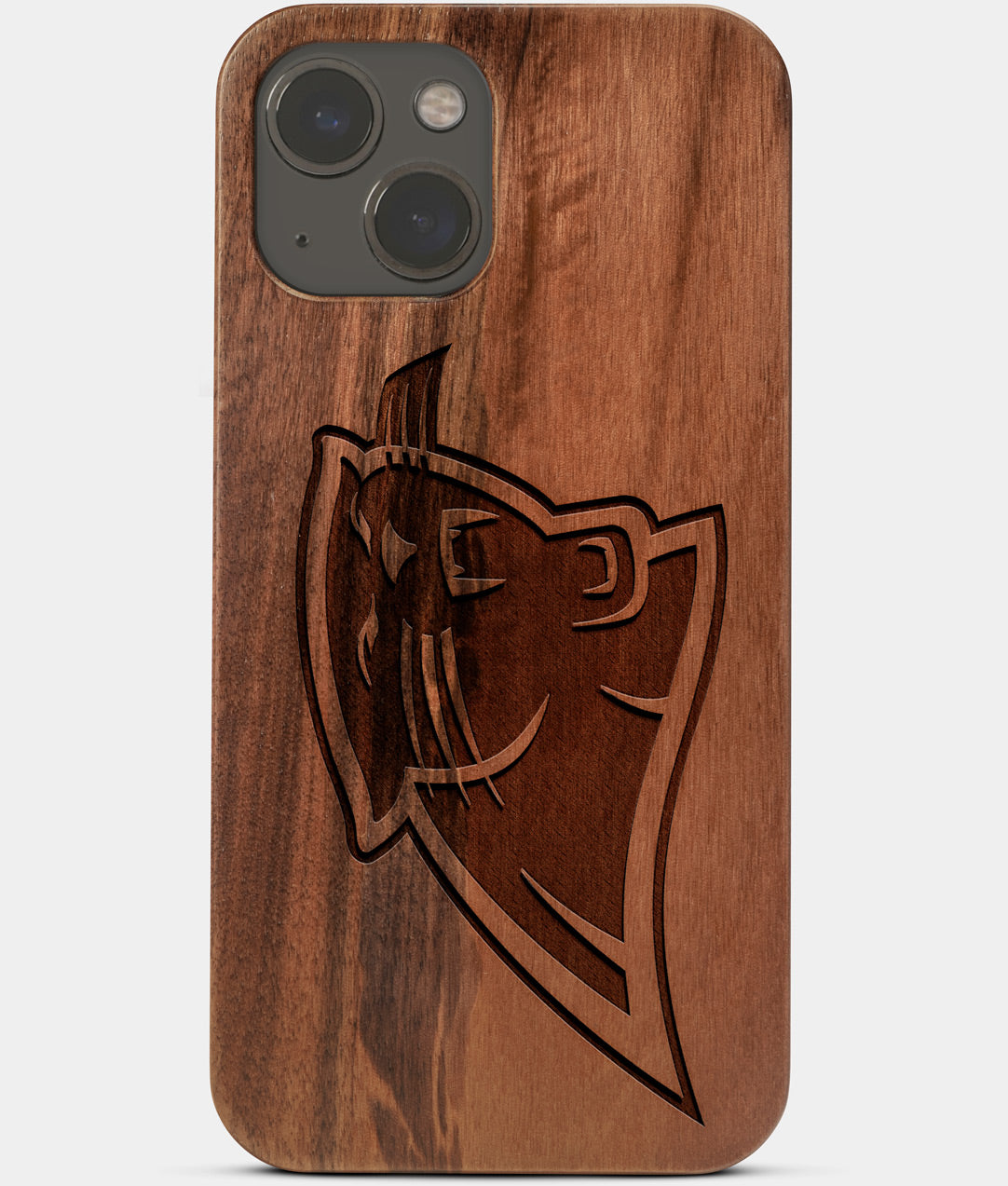 Carved Wood Carolina Panthers iPhone 13 Case | Custom Carolina Panthers Gift, Birthday Gift | Personalized Mahogany Wood Cover, Gifts For Him, Monogrammed Gift For Fan | by Engraved In Nature