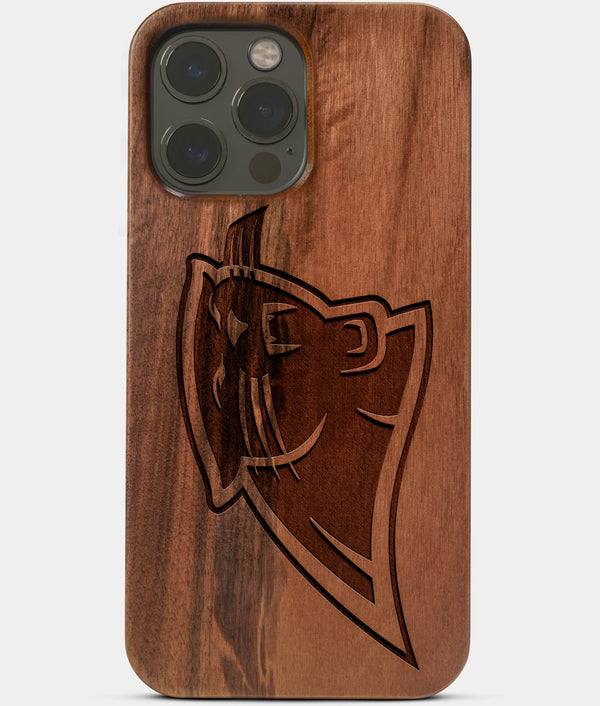 Carved Wood Carolina Panthers iPhone 13 Pro Case | Custom Carolina Panthers Gift, Birthday Gift | Personalized Mahogany Wood Cover, Gifts For Him, Monogrammed Gift For Fan | by Engraved In Nature