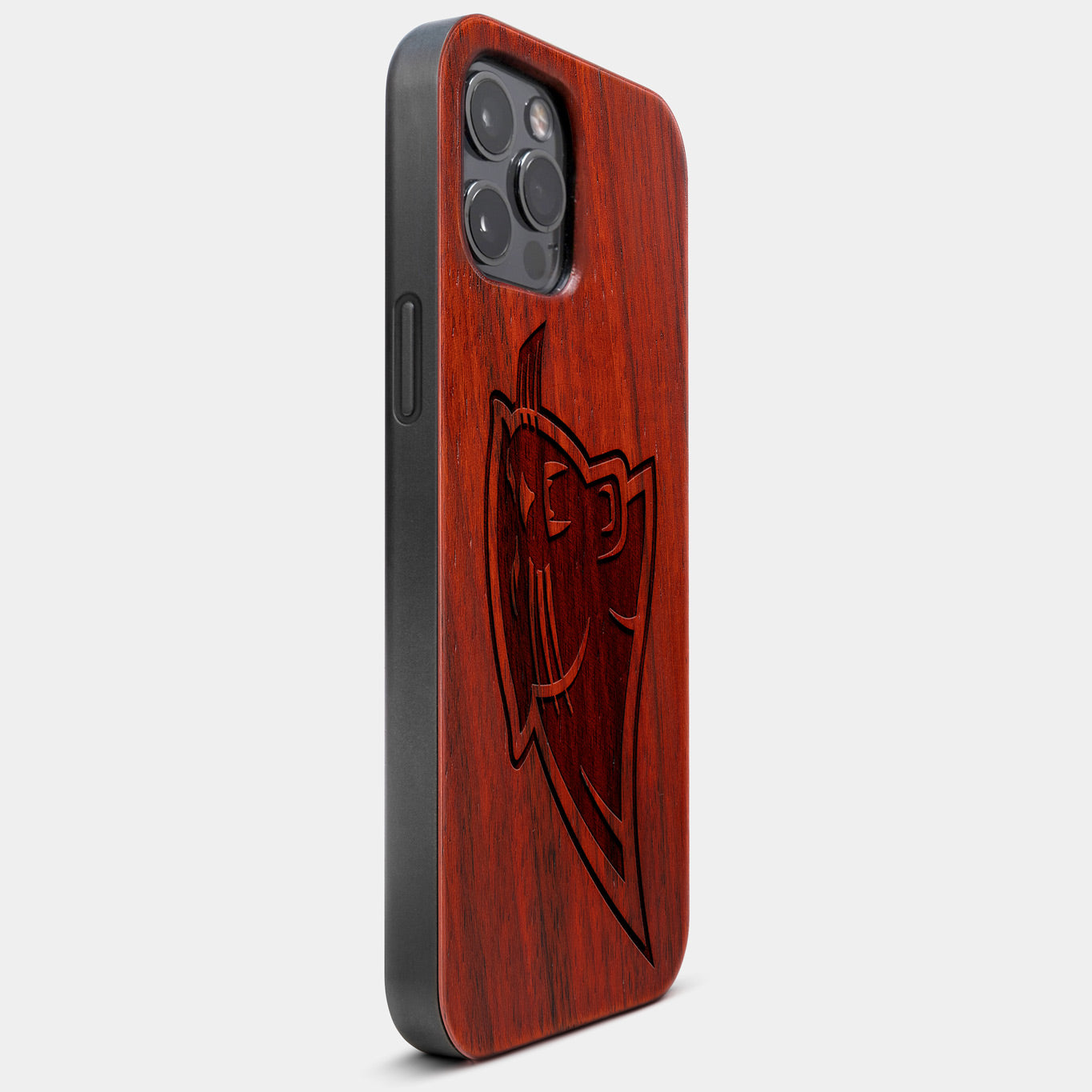 Best Wood Carolina Panthers iPhone 13 Pro Max Case | Custom Carolina Panthers Gift | Mahogany Wood Cover - Engraved In Nature