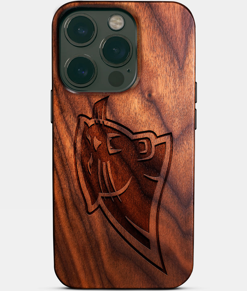Eco-friendly Carolina Panthers iPhone 14 Pro Case - Carved Wood Custom Carolina Panthers Gift For Him - Monogrammed Personalized iPhone 14 Pro Cover By Engraved In Nature
