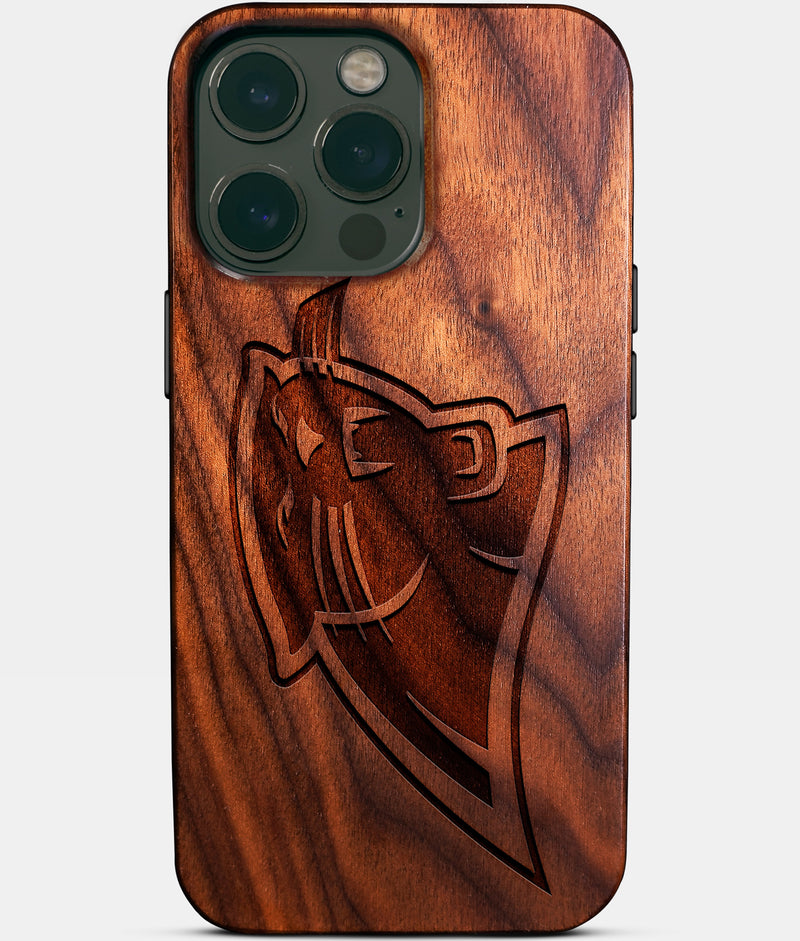 Eco-friendly Carolina Panthers iPhone 14 Pro Max Case - Carved Wood Custom Carolina Panthers Gift For Him - Monogrammed Personalized iPhone 14 Pro Max Cover By Engraved In Nature