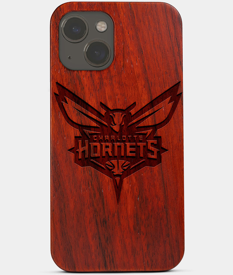 Carved Wood Charlotte Hornets iPhone 13 Mini Case | Custom Charlotte Hornets Gift, Birthday Gift | Personalized Mahogany Wood Cover, Gifts For Him, Monogrammed Gift For Fan | by Engraved In Nature