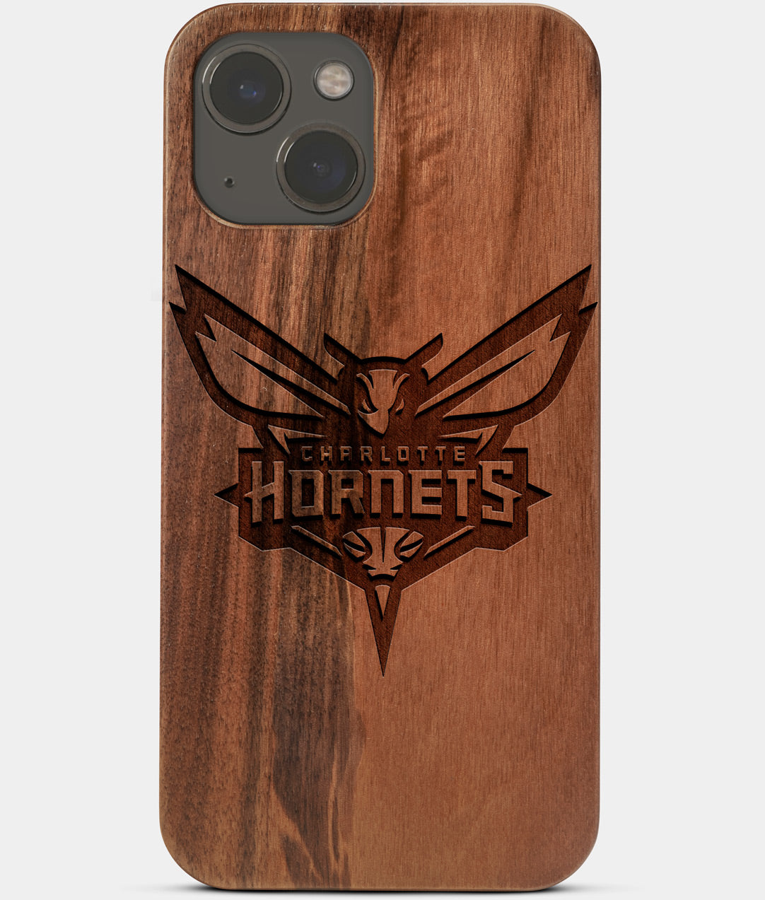 Carved Wood Charlotte Hornets iPhone 13 Mini Case | Custom Charlotte Hornets Gift, Birthday Gift | Personalized Mahogany Wood Cover, Gifts For Him, Monogrammed Gift For Fan | by Engraved In Nature