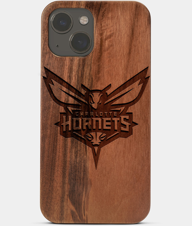 Carved Wood Charlotte Hornets iPhone 13 Mini Case | Custom Charlotte Hornets Gift, Birthday Gift | Personalized Mahogany Wood Cover, Gifts For Him, Monogrammed Gift For Fan | by Engraved In Nature