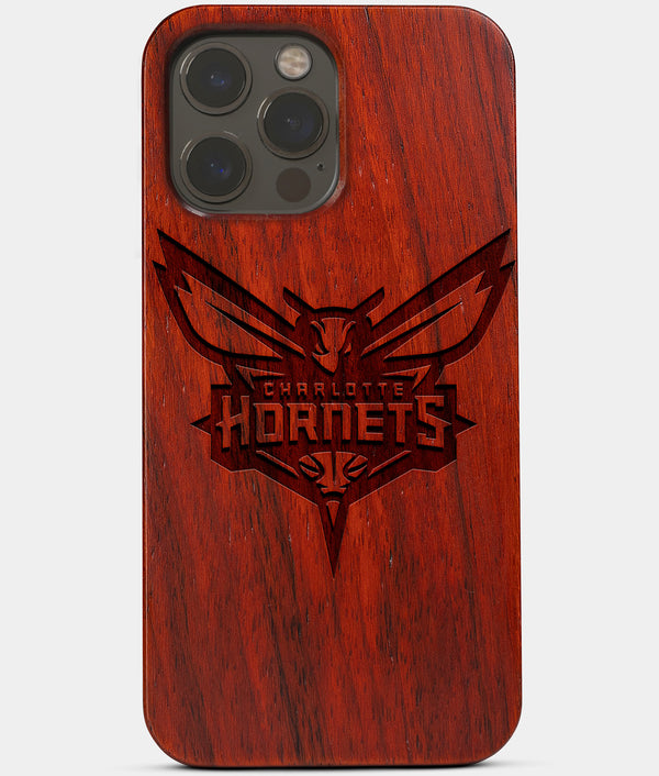 Carved Wood Charlotte Hornets iPhone 13 Pro Case | Custom Charlotte Hornets Gift, Birthday Gift | Personalized Mahogany Wood Cover, Gifts For Him, Monogrammed Gift For Fan | by Engraved In Nature