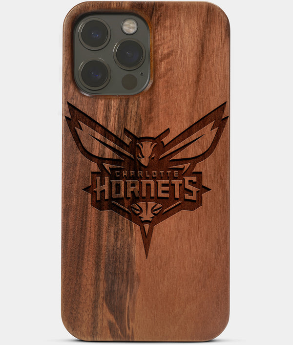 Carved Wood Charlotte Hornets iPhone 13 Pro Max Case | Custom Charlotte Hornets Gift, Birthday Gift | Personalized Mahogany Wood Cover, Gifts For Him, Monogrammed Gift For Fan | by Engraved In Nature