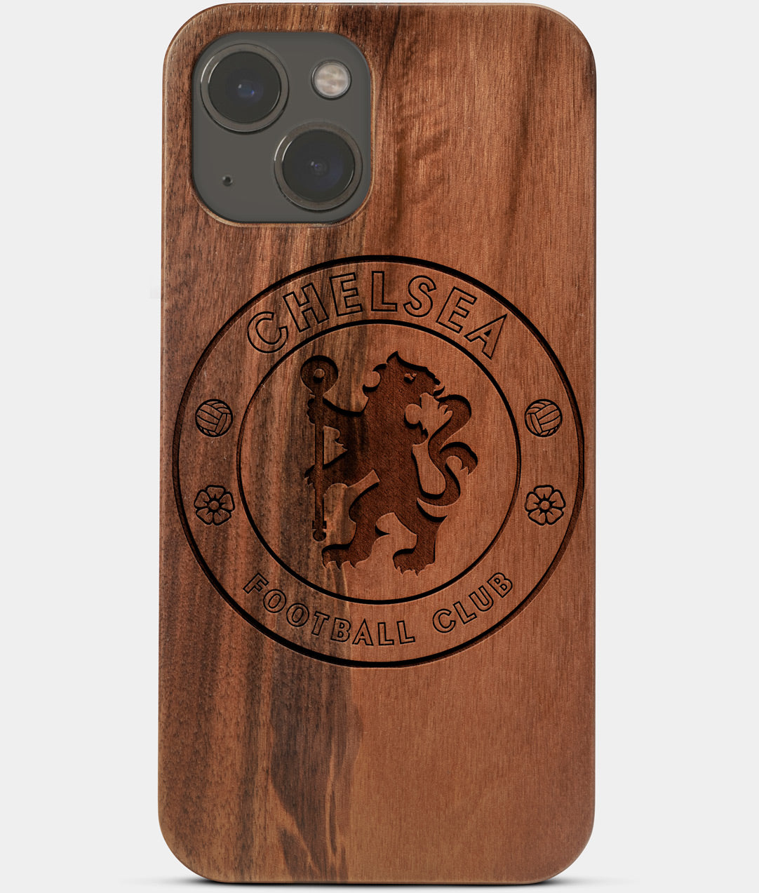 Carved Wood Chelsea F.C. iPhone 13 Case | Custom Chelsea F.C. Gift, Birthday Gift | Personalized Mahogany Wood Cover, Gifts For Him, Monogrammed Gift For Fan | by Engraved In Nature