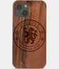 Carved Wood Chelsea F.C. iPhone 13 Case | Custom Chelsea F.C. Gift, Birthday Gift | Personalized Mahogany Wood Cover, Gifts For Him, Monogrammed Gift For Fan | by Engraved In Nature