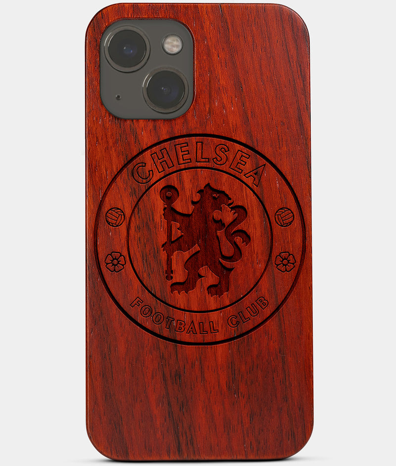 Carved Wood Chelsea F.C. iPhone 13 Mini Case | Custom Chelsea F.C. Gift, Birthday Gift | Personalized Mahogany Wood Cover, Gifts For Him, Monogrammed Gift For Fan | by Engraved In Nature