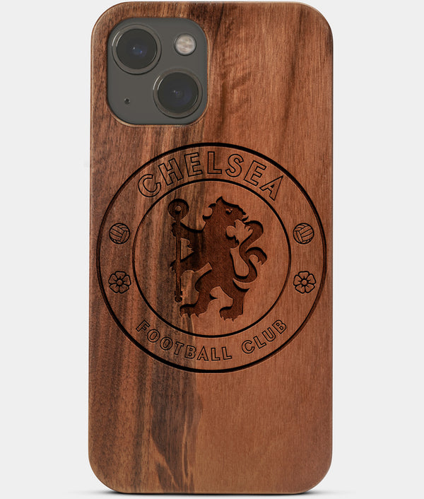 Carved Wood Chelsea F.C. iPhone 13 Mini Case | Custom Chelsea F.C. Gift, Birthday Gift | Personalized Mahogany Wood Cover, Gifts For Him, Monogrammed Gift For Fan | by Engraved In Nature