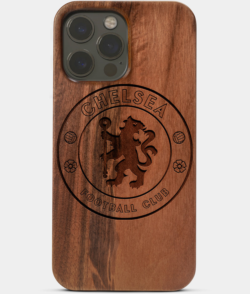 Carved Wood Chelsea F.C. iPhone 13 Pro Case | Custom Chelsea F.C. Gift, Birthday Gift | Personalized Mahogany Wood Cover, Gifts For Him, Monogrammed Gift For Fan | by Engraved In Nature