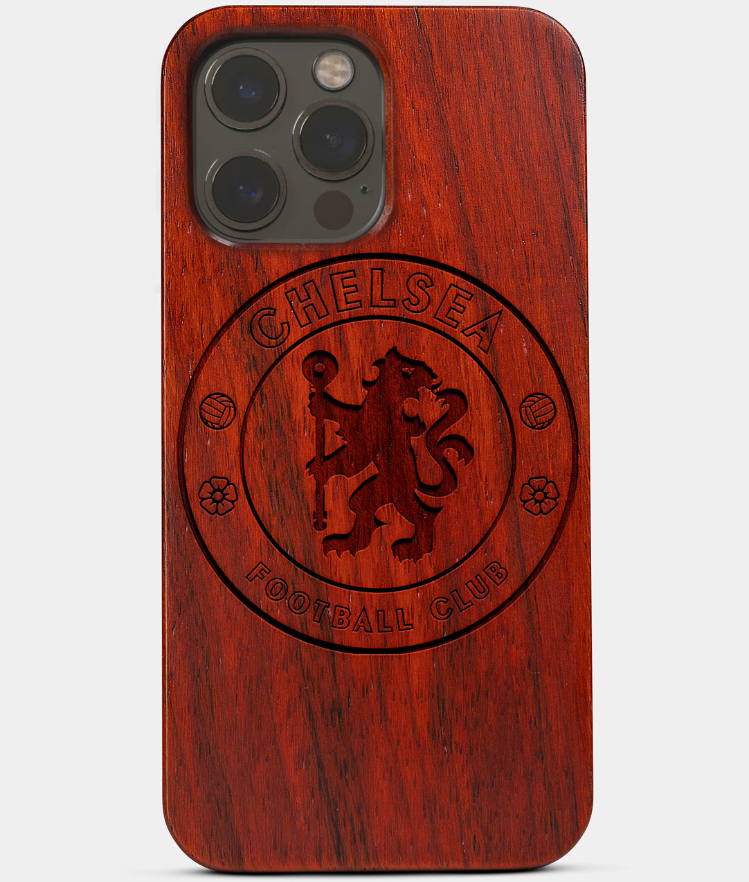 Carved Wood Chelsea F.C. iPhone 13 Pro Max Case | Custom Chelsea F.C. Gift, Birthday Gift | Personalized Mahogany Wood Cover, Gifts For Him, Monogrammed Gift For Fan | by Engraved In Nature
