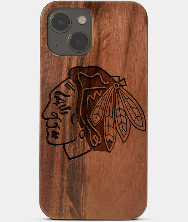 Carved Wood Chicago Blackhawks iPhone 13 Case | Custom Chicago Blackhawks Gift, Birthday Gift | Personalized Mahogany Wood Cover, Gifts For Him, Monogrammed Gift For Fan | by Engraved In Nature