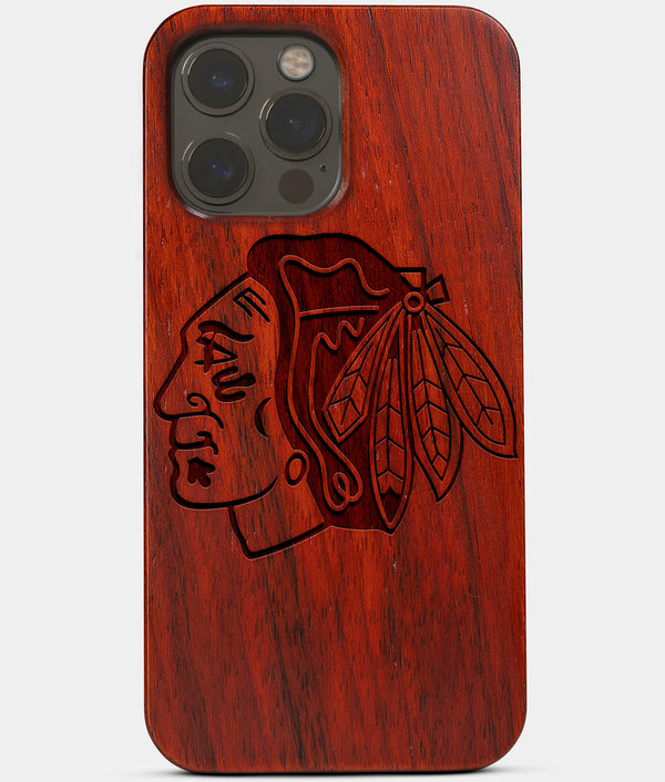 Carved Wood Chicago Blackhawks iPhone 13 Pro Case | Custom Chicago Blackhawks Gift, Birthday Gift | Personalized Mahogany Wood Cover, Gifts For Him, Monogrammed Gift For Fan | by Engraved In Nature