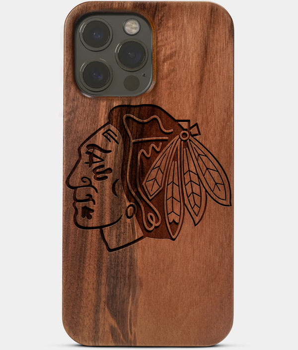 Carved Wood Chicago Blackhawks iPhone 13 Pro Case | Custom Chicago Blackhawks Gift, Birthday Gift | Personalized Mahogany Wood Cover, Gifts For Him, Monogrammed Gift For Fan | by Engraved In Nature