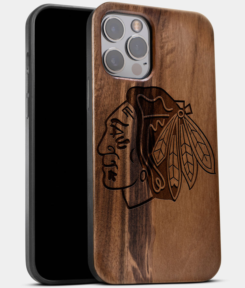 Best Wood Chicago Blackhawks iPhone 13 Pro Max Case | Custom Chicago Blackhawks Gift | Walnut Wood Cover - Engraved In Nature