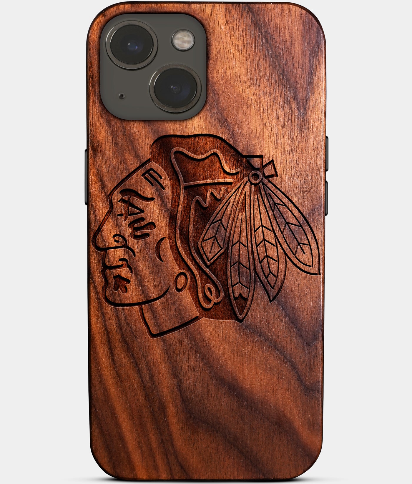 Eco-friendly Chicago Blackhawks iPhone 14 Plus Case - Carved Wood Custom Chicago Blackhawks Gift For Him - Monogrammed Personalized iPhone 14 Plus Cover By Engraved In Nature