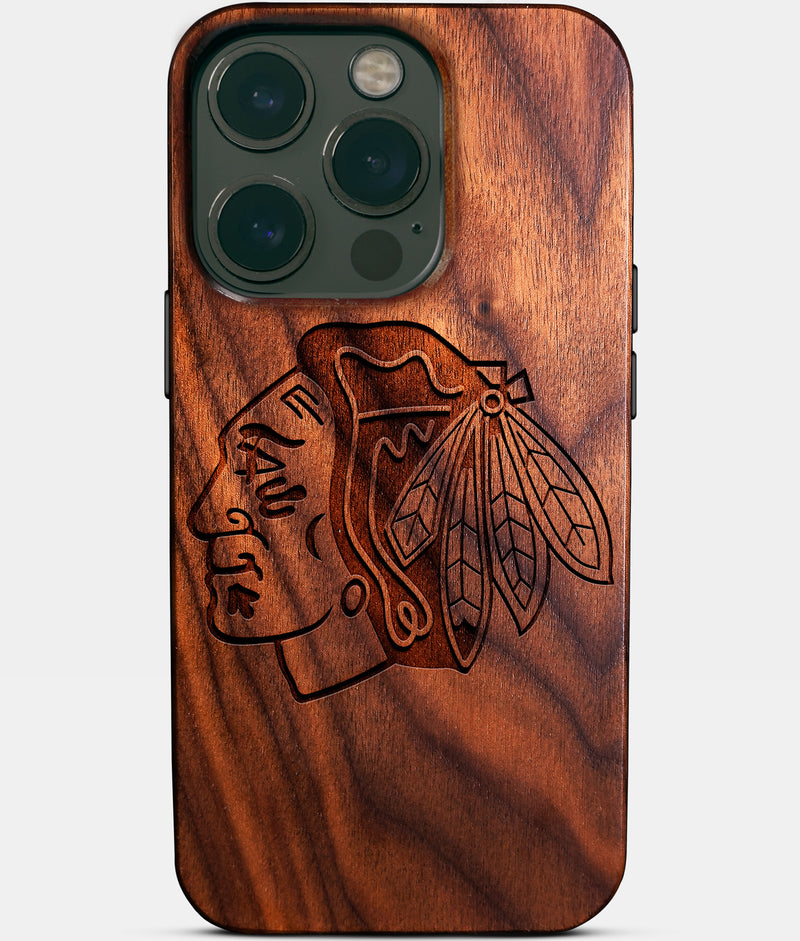 Eco-friendly Chicago Blackhawks iPhone 14 Pro Case - Carved Wood Custom Chicago Blackhawks Gift For Him - Monogrammed Personalized iPhone 14 Pro Cover By Engraved In Nature