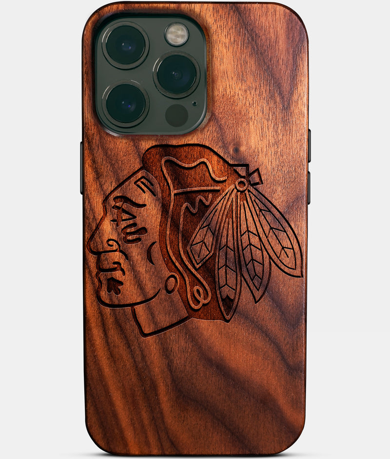 Eco-friendly Chicago Blackhawks iPhone 14 Pro Max Case - Carved Wood Custom Chicago Blackhawks Gift For Him - Monogrammed Personalized iPhone 14 Pro Max Cover By Engraved In Nature
