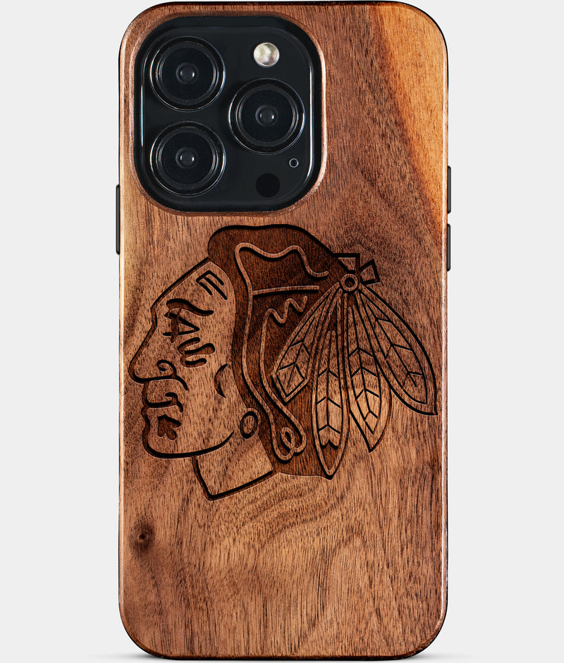 Eco-friendly Chicago Blackhawks iPhone 15 Pro Case - Carved Wood Custom Chicago Blackhawks Gift For Him - Monogrammed Personalized iPhone 15 Pro Cover By Engraved In Nature