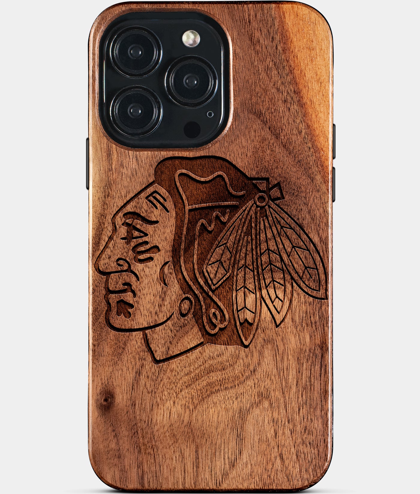 Eco-friendly Chicago Blackhawks iPhone 15 Pro Max Case - Carved Wood Custom Chicago Blackhawks Gift For Him - Monogrammed Personalized iPhone 15 Pro Max Cover By Engraved In Nature