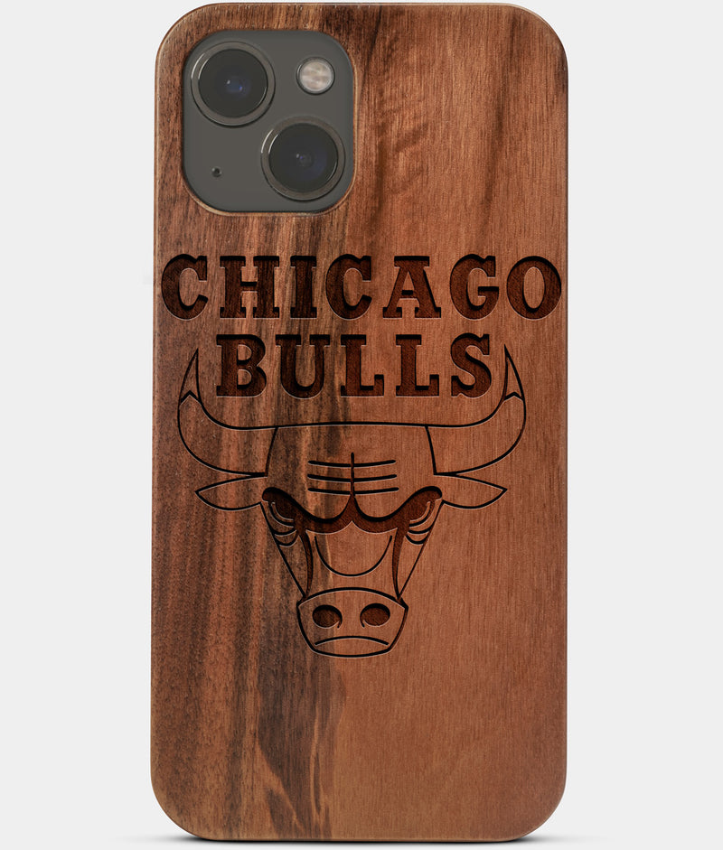 Carved Wood Chicago Bulls iPhone 13 Case | Custom Chicago Bulls Gift, Birthday Gift | Personalized Mahogany Wood Cover, Gifts For Him, Monogrammed Gift For Fan | by Engraved In Nature