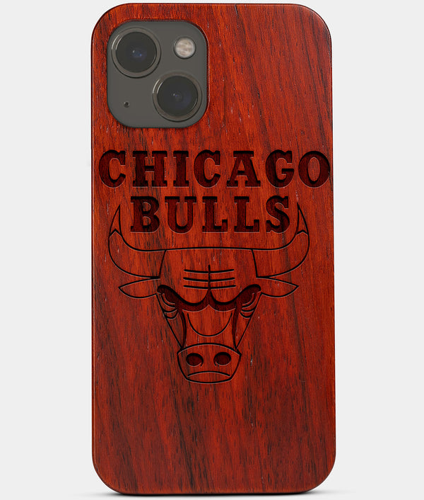 Carved Wood Chicago Bulls iPhone 13 Mini Case | Custom Chicago Bulls Gift, Birthday Gift | Personalized Mahogany Wood Cover, Gifts For Him, Monogrammed Gift For Fan | by Engraved In Nature