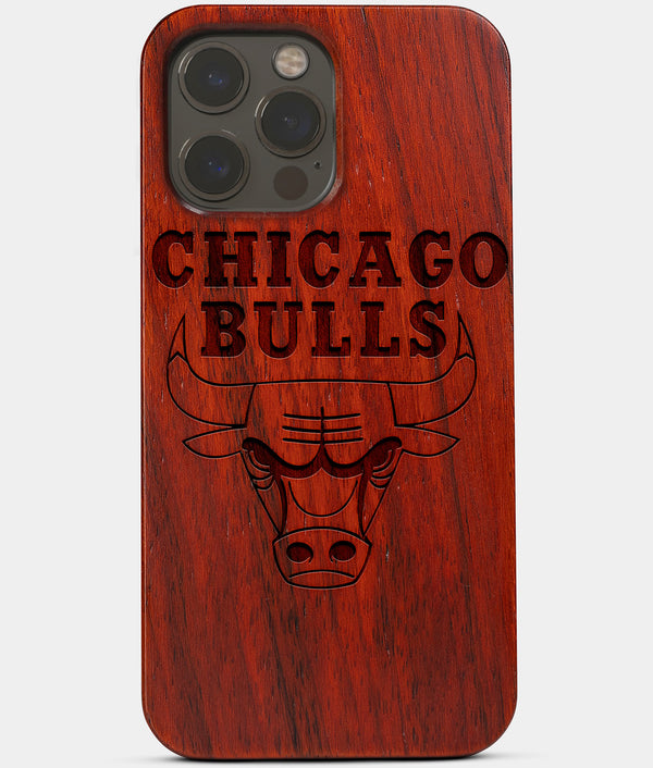 Carved Wood Chicago Bulls iPhone 13 Pro Case | Custom Chicago Bulls Gift, Birthday Gift | Personalized Mahogany Wood Cover, Gifts For Him, Monogrammed Gift For Fan | by Engraved In Nature