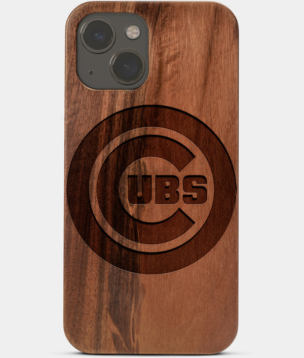 Carved Wood Chicago Cubs iPhone 13 Mini Case | Custom Chicago Cubs Gift, Birthday Gift | Personalized Mahogany Wood Cover, Gifts For Him, Monogrammed Gift For Fan | by Engraved In Nature