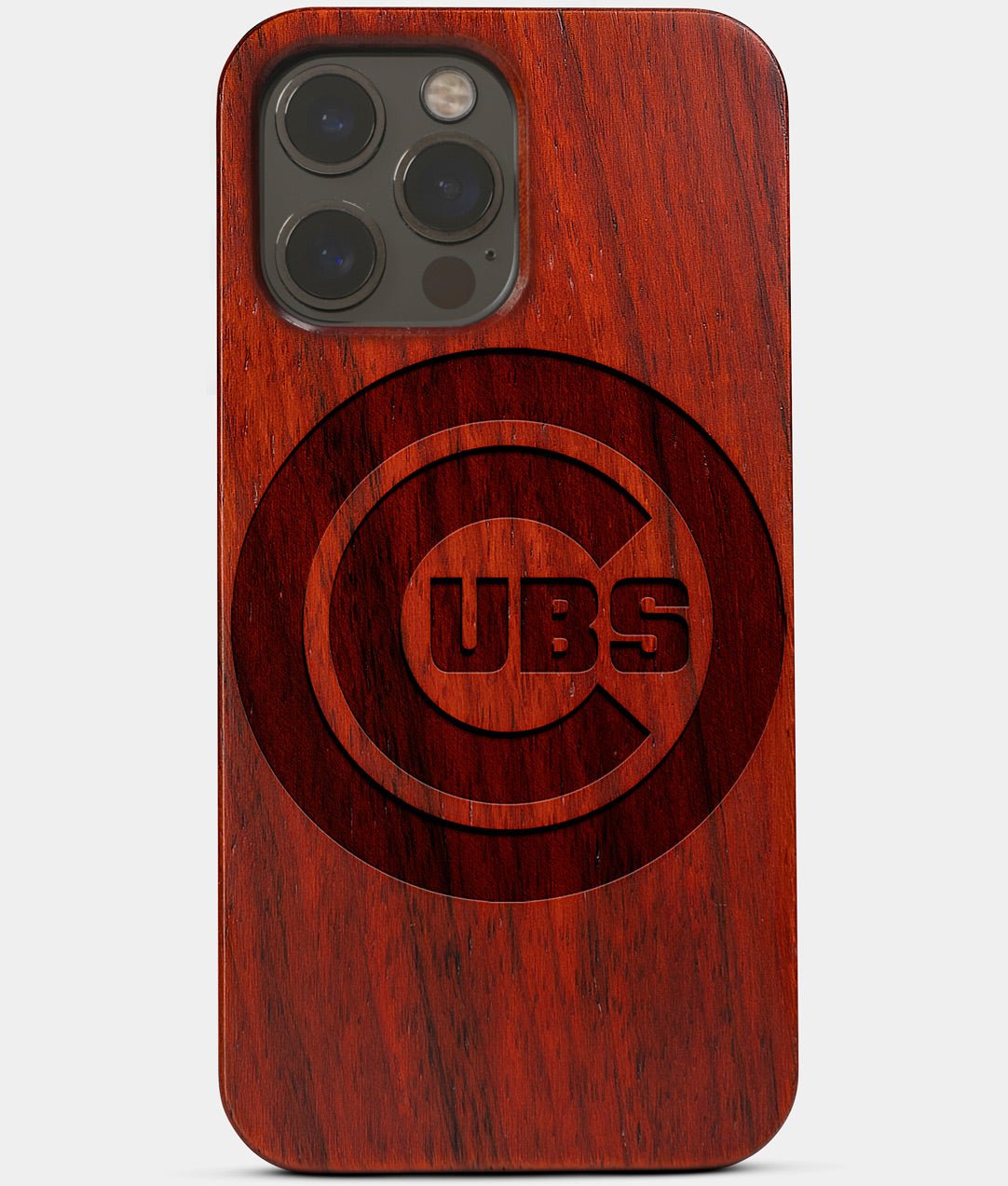 Carved Wood Chicago Cubs iPhone 13 Pro Case | Custom Chicago Cubs Gift, Birthday Gift | Personalized Mahogany Wood Cover, Gifts For Him, Monogrammed Gift For Fan | by Engraved In Nature