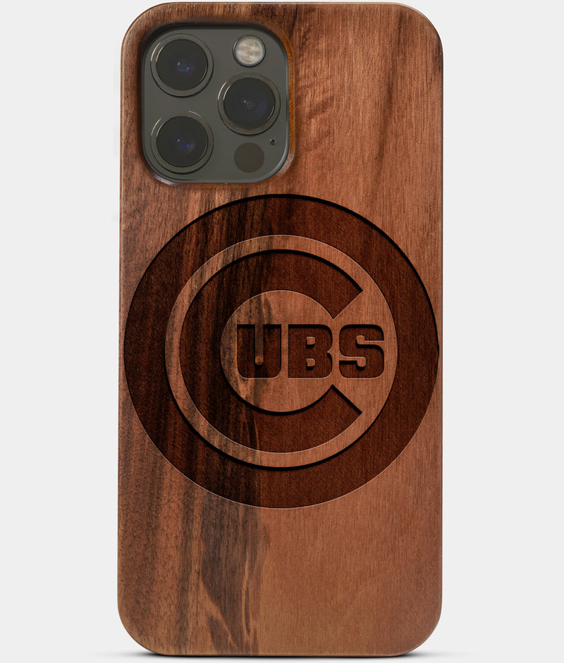 Carved Wood Chicago Cubs iPhone 13 Pro Case | Custom Chicago Cubs Gift, Birthday Gift | Personalized Mahogany Wood Cover, Gifts For Him, Monogrammed Gift For Fan | by Engraved In Nature