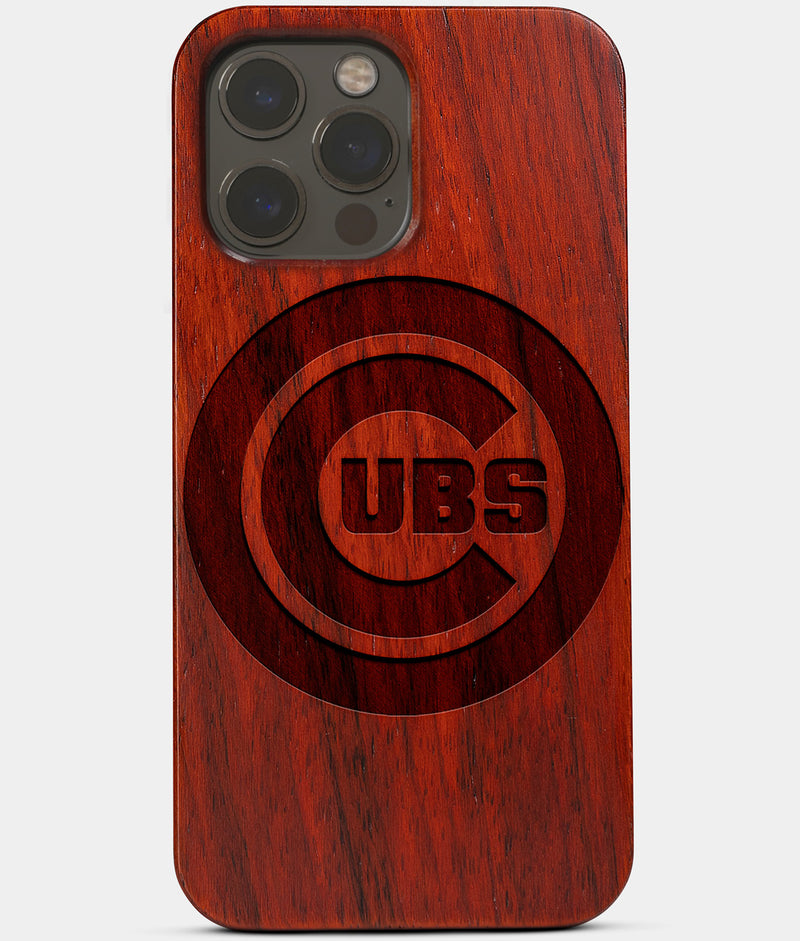 Carved Wood Chicago Cubs iPhone 13 Pro Max Case | Custom Chicago Cubs Gift, Birthday Gift | Personalized Mahogany Wood Cover, Gifts For Him, Monogrammed Gift For Fan | by Engraved In Nature