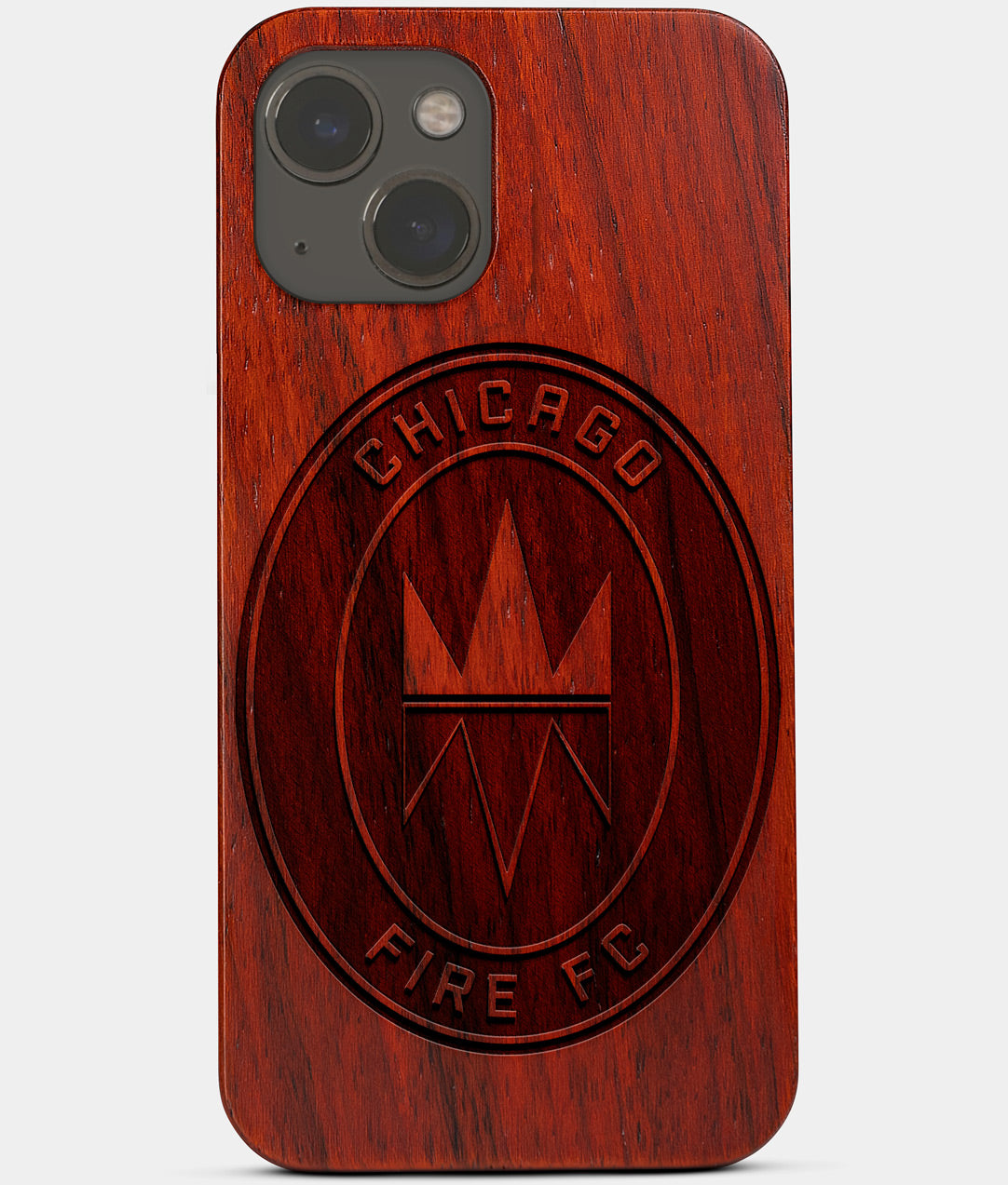 Carved Wood Chicago Fire SC iPhone 13 Mini Case | Custom Chicago Fire SC Gift, Birthday Gift | Personalized Mahogany Wood Cover, Gifts For Him, Monogrammed Gift For Fan | by Engraved In Nature