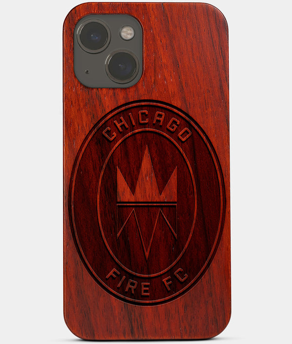 Carved Wood Chicago Fire SC iPhone 13 Mini Case | Custom Chicago Fire SC Gift, Birthday Gift | Personalized Mahogany Wood Cover, Gifts For Him, Monogrammed Gift For Fan | by Engraved In Nature