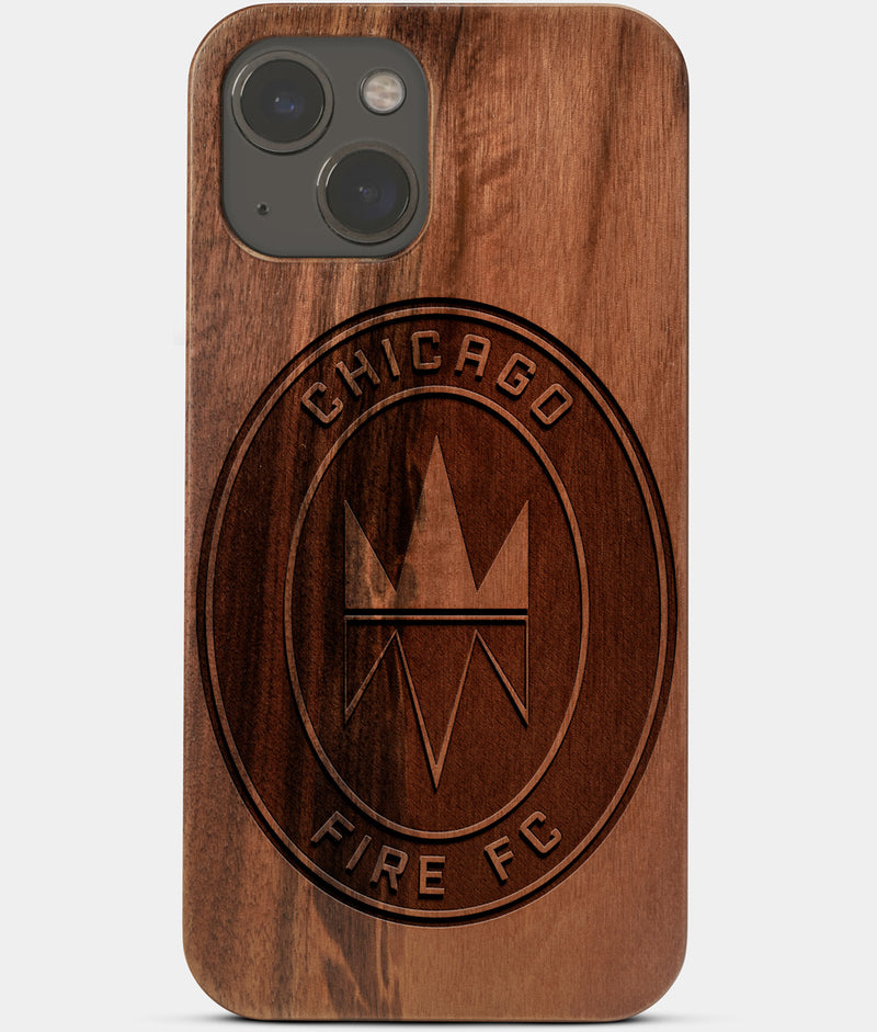 Carved Wood Chicago Fire SC iPhone 13 Mini Case | Custom Chicago Fire SC Gift, Birthday Gift | Personalized Mahogany Wood Cover, Gifts For Him, Monogrammed Gift For Fan | by Engraved In Nature