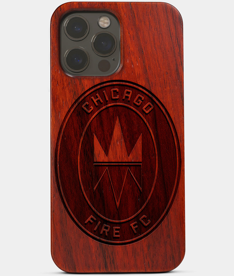 Carved Wood Chicago Fire SC iPhone 13 Pro Case | Custom Chicago Fire SC Gift, Birthday Gift | Personalized Mahogany Wood Cover, Gifts For Him, Monogrammed Gift For Fan | by Engraved In Nature