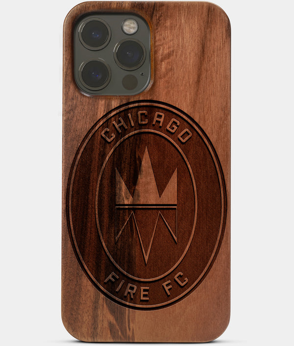 Carved Wood Chicago Fire SC iPhone 13 Pro Case | Custom Chicago Fire SC Gift, Birthday Gift | Personalized Mahogany Wood Cover, Gifts For Him, Monogrammed Gift For Fan | by Engraved In Nature