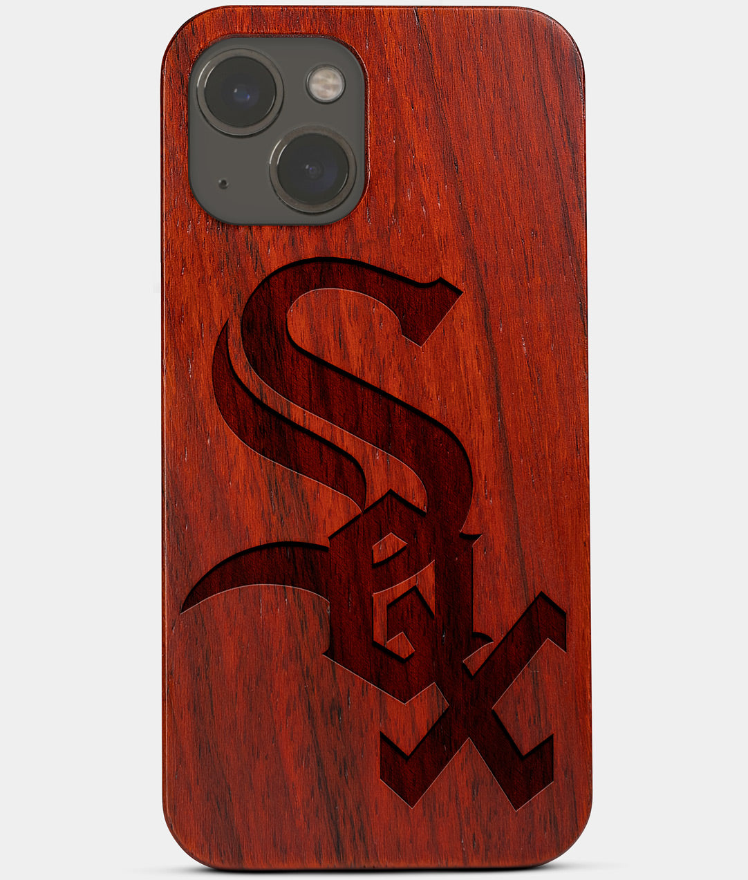 Carved Wood Chicago White Sox iPhone 13 Mini Case | Custom Chicago White Sox Gift, Birthday Gift | Personalized Mahogany Wood Cover, Gifts For Him, Monogrammed Gift For Fan | by Engraved In Nature