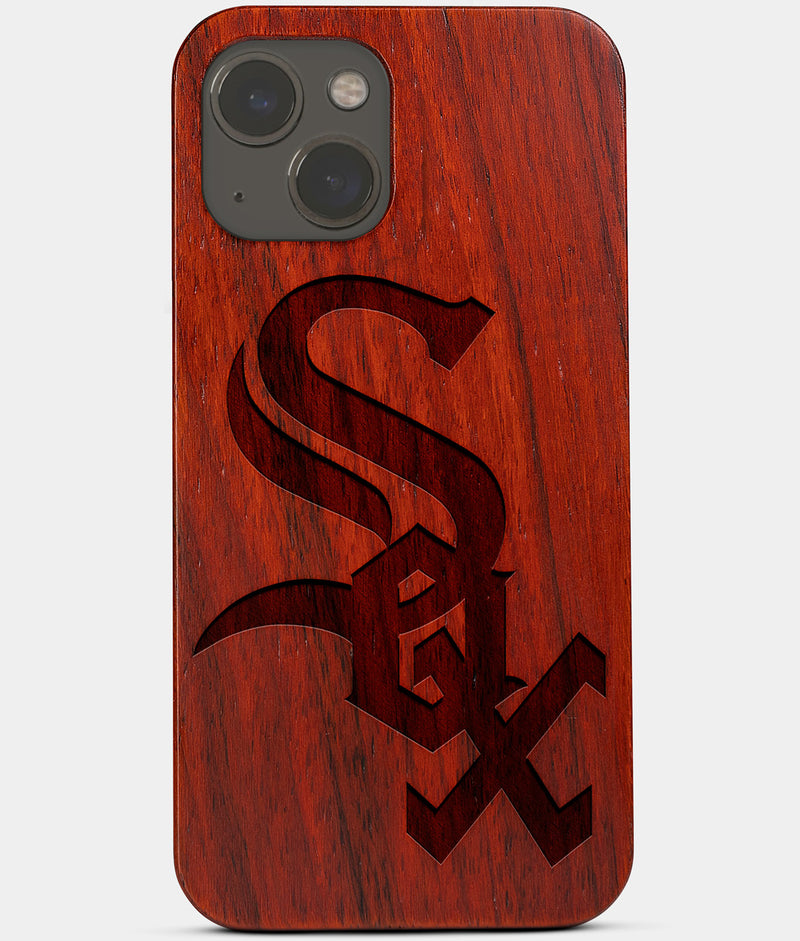Carved Wood Chicago White Sox iPhone 13 Mini Case | Custom Chicago White Sox Gift, Birthday Gift | Personalized Mahogany Wood Cover, Gifts For Him, Monogrammed Gift For Fan | by Engraved In Nature