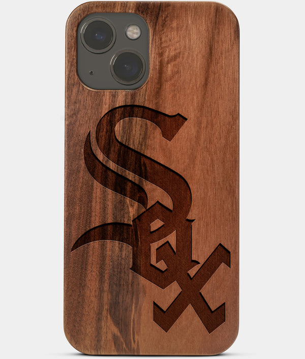 Carved Wood Chicago White Sox iPhone 13 Mini Case | Custom Chicago White Sox Gift, Birthday Gift | Personalized Mahogany Wood Cover, Gifts For Him, Monogrammed Gift For Fan | by Engraved In Nature