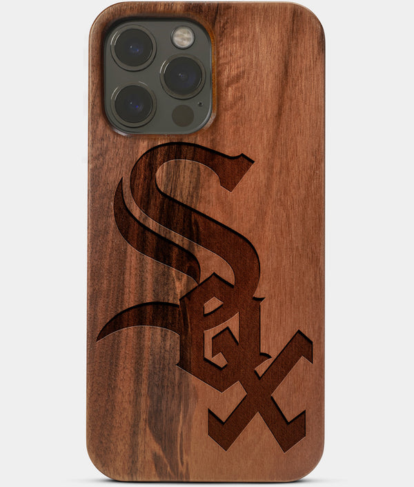Carved Wood Chicago White Sox iPhone 13 Pro Case | Custom Chicago White Sox Gift, Birthday Gift | Personalized Mahogany Wood Cover, Gifts For Him, Monogrammed Gift For Fan | by Engraved In Nature