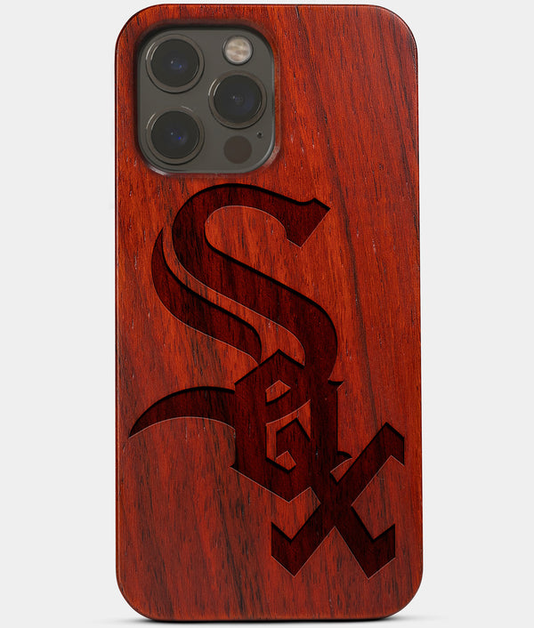 Carved Wood Chicago White Sox iPhone 13 Pro Max Case | Custom Chicago White Sox Gift, Birthday Gift | Personalized Mahogany Wood Cover, Gifts For Him, Monogrammed Gift For Fan | by Engraved In Nature